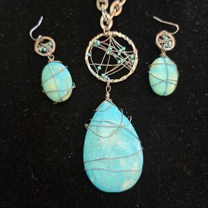 Vintage Turquoise Wrapped Dream Catcher Long Silver Chain Necklace Set